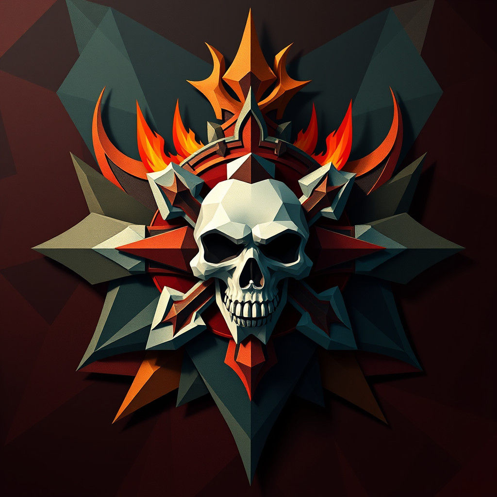 Queen Savage Logo with Skull and Flames in Cubist Style