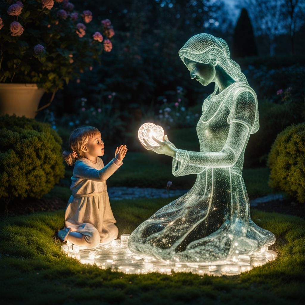 Woman and Glass Child Sculpture in Garden