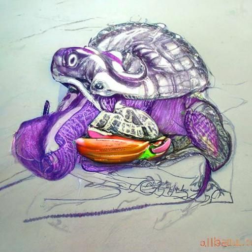 Purple turtle eating a banana. pencil sketch. maximalist.