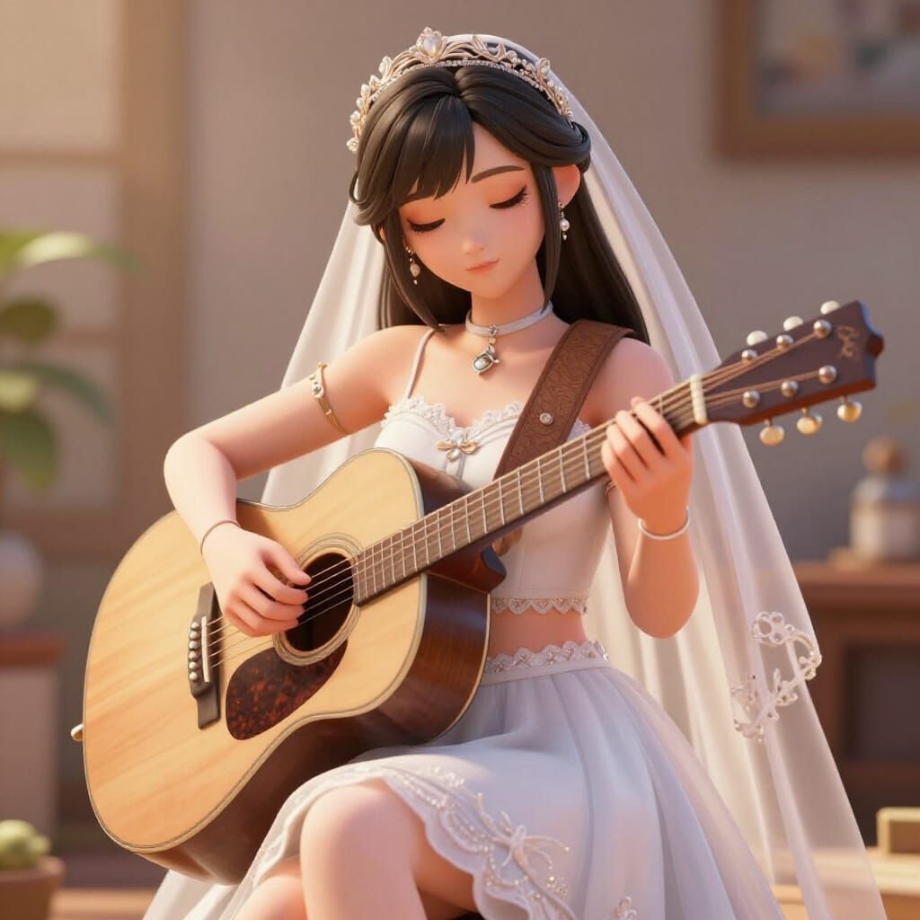 Woman Plays Guitar in Wedding Skirt