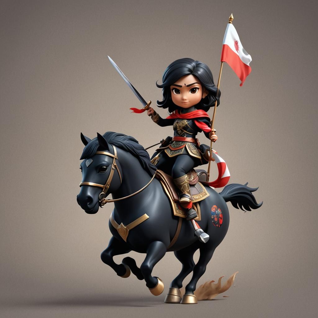 Chibi Warrior Rides Horse with Indonesian Flag