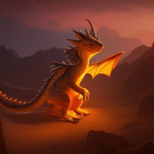 Baby Dragon in Desert: Hyperdetailed Concept Art