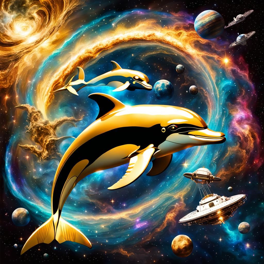 Golden Dolphin Rides Through Nebula with Astronauts