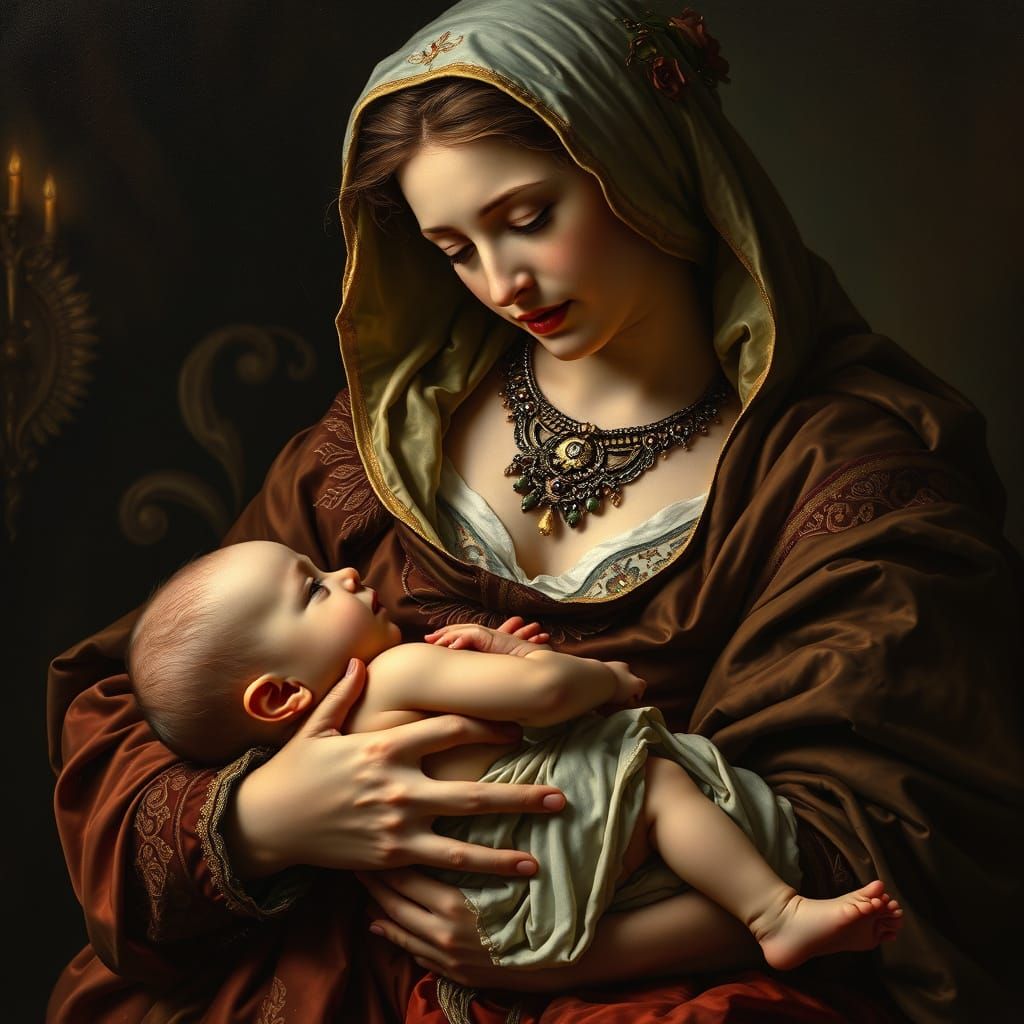 A Mother's Devotion in Modernist Oil Painting Style