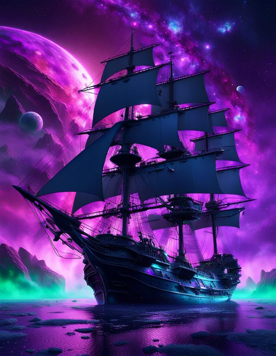 Sailing Ship Navigates Andromeda Nebula: Sci-Fi Concept Art