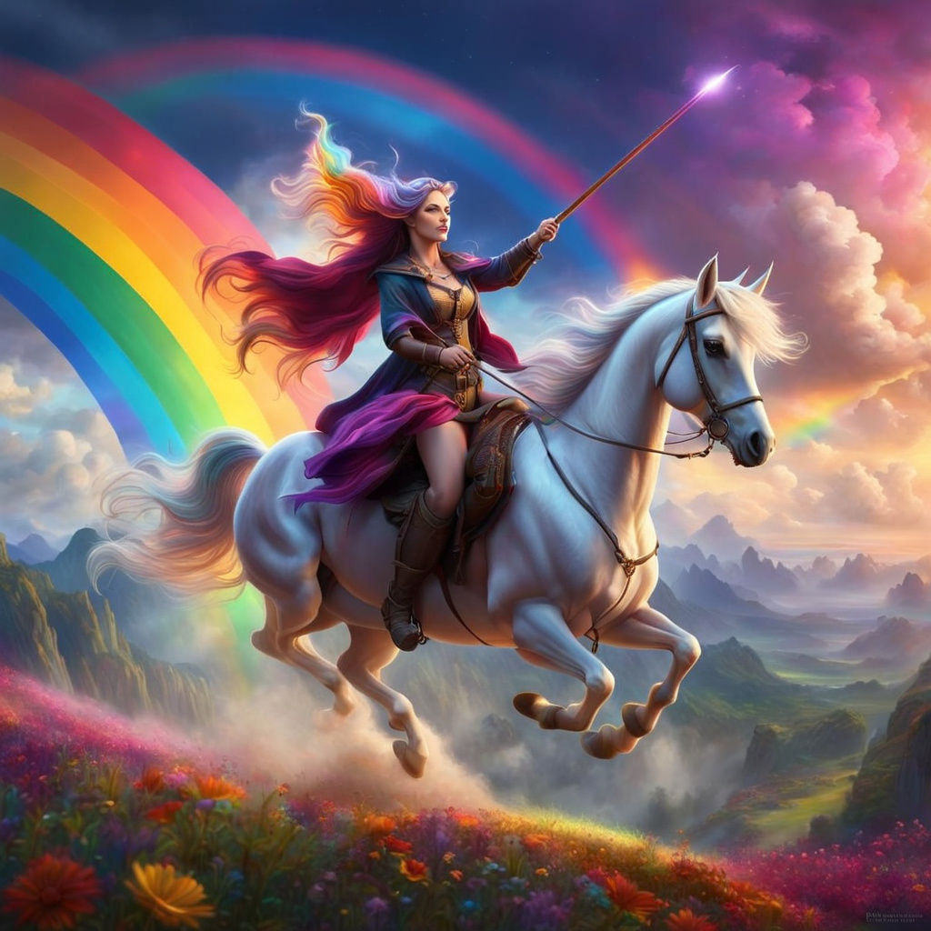 Fantasy Witch Rides Unicorn Through Rainbow