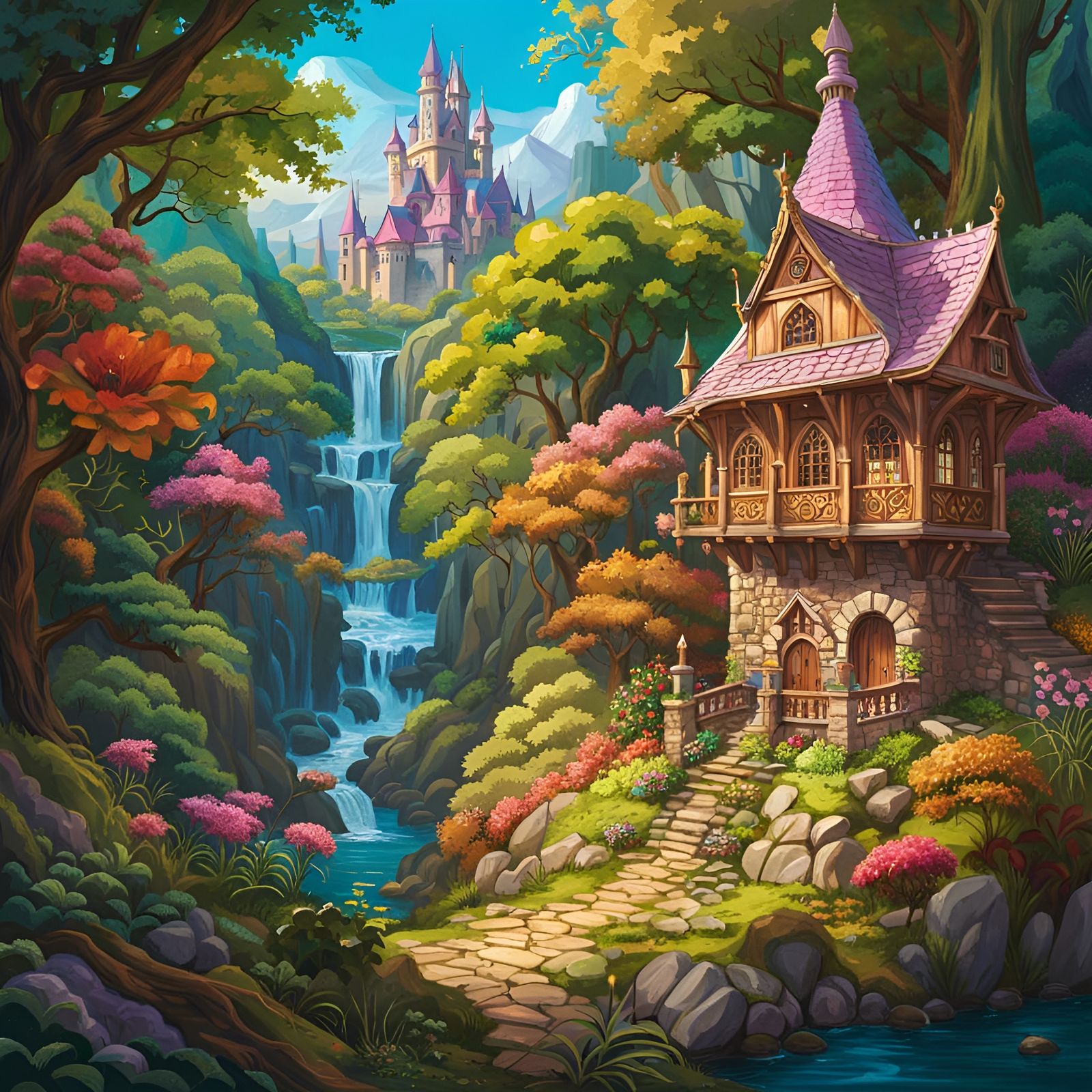 Background castle, waterfall , river, falls, stained glass c...
