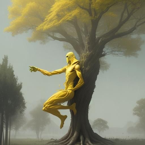 Mysterious Yellow Humanoid Leaping with Tree