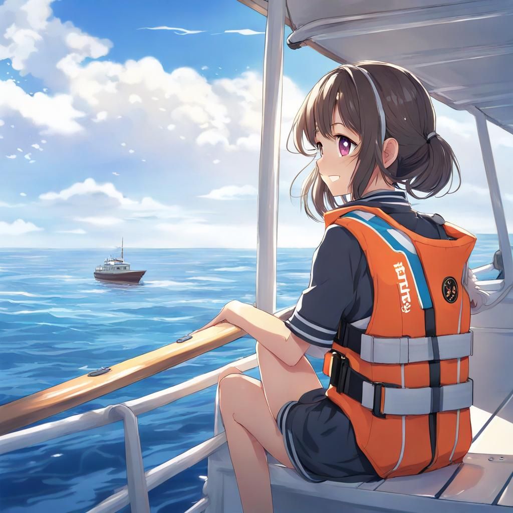 Anime Girl on Boat Overlooking Ocean