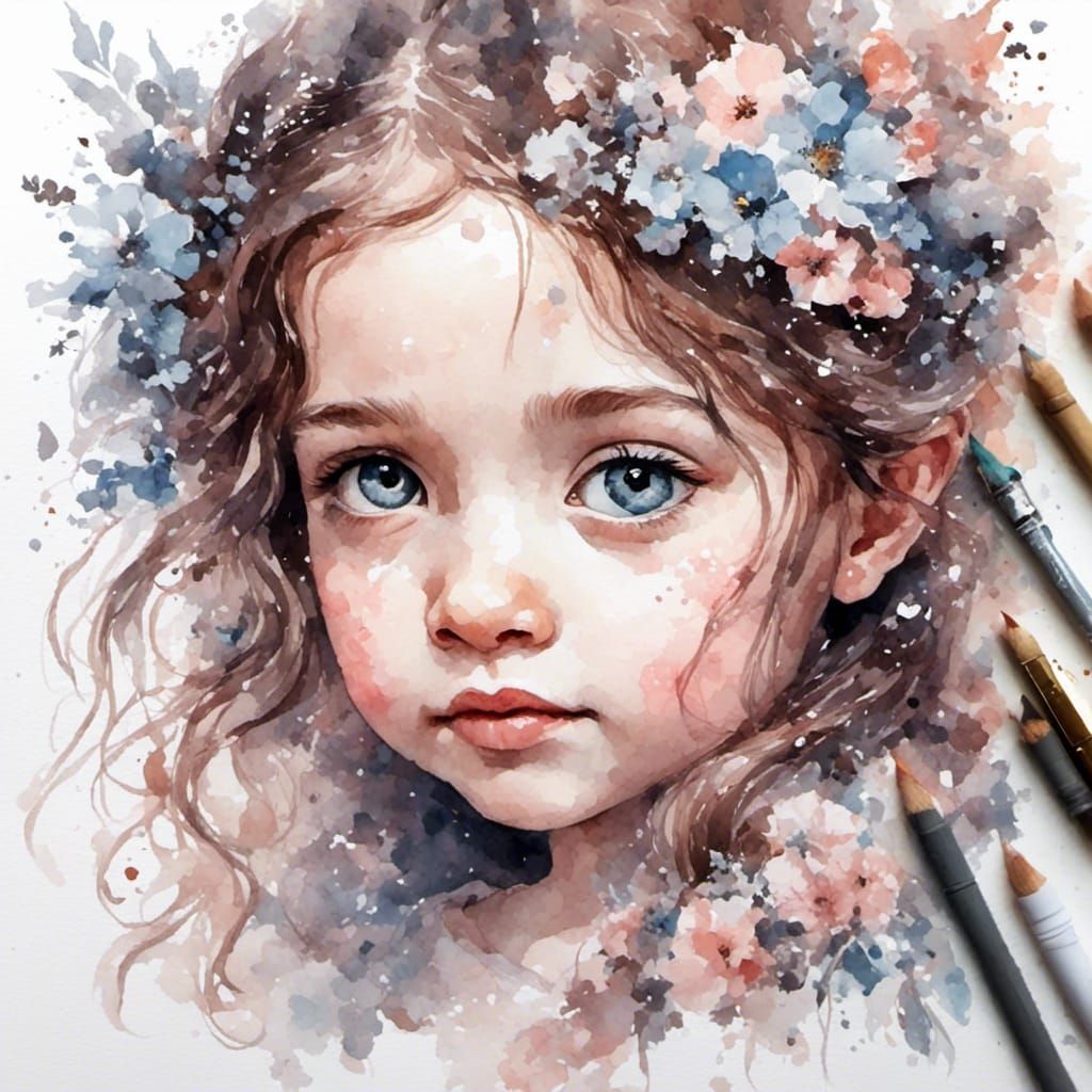 Watercolor Portrait of a Girl with Brown Hair