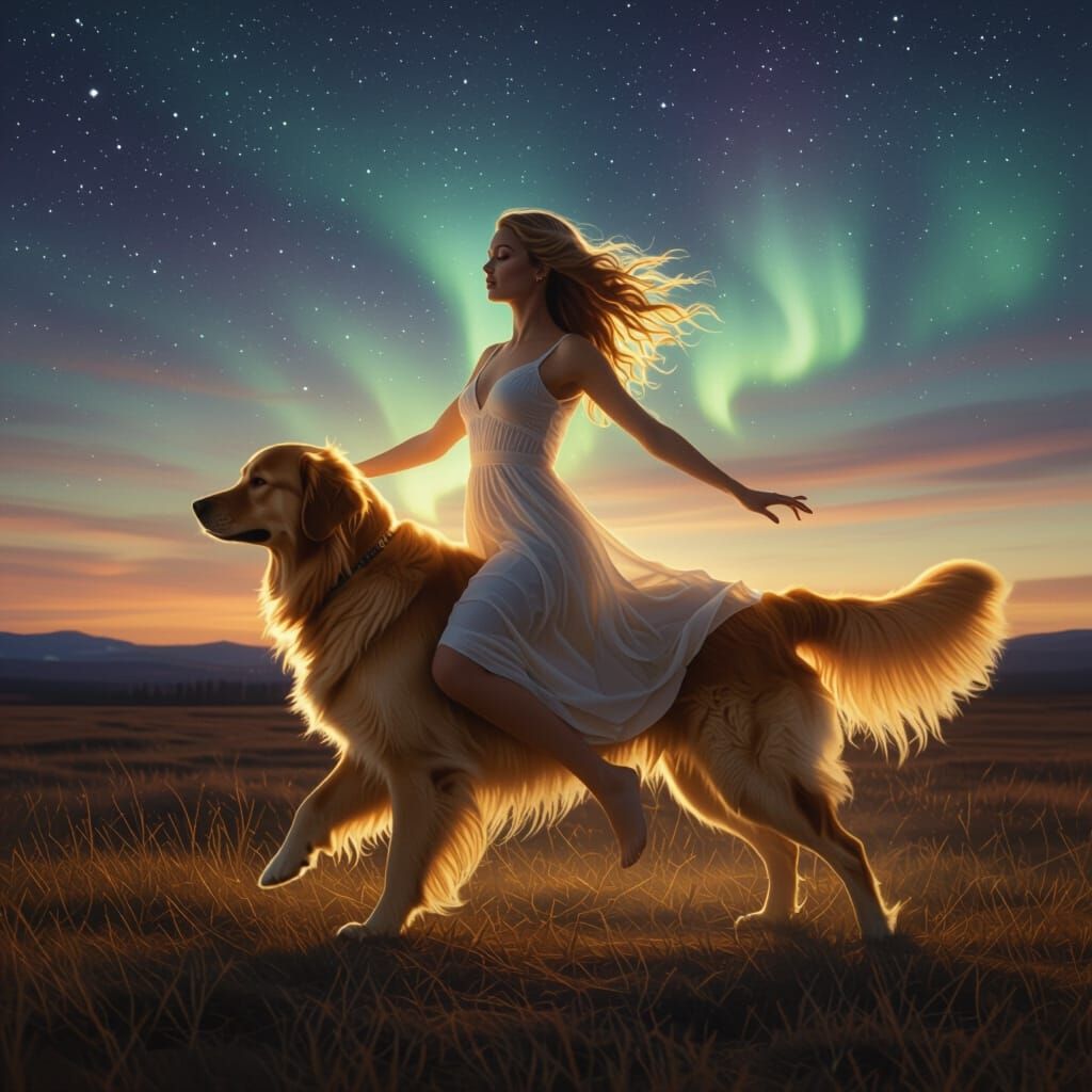 Ethereal Woman Transforms into Golden Retriever Under Aurora...