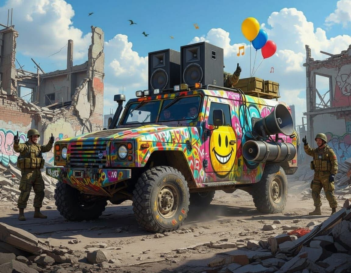 Graffiti-Covered Military Vehicle in Ruined Cityscape