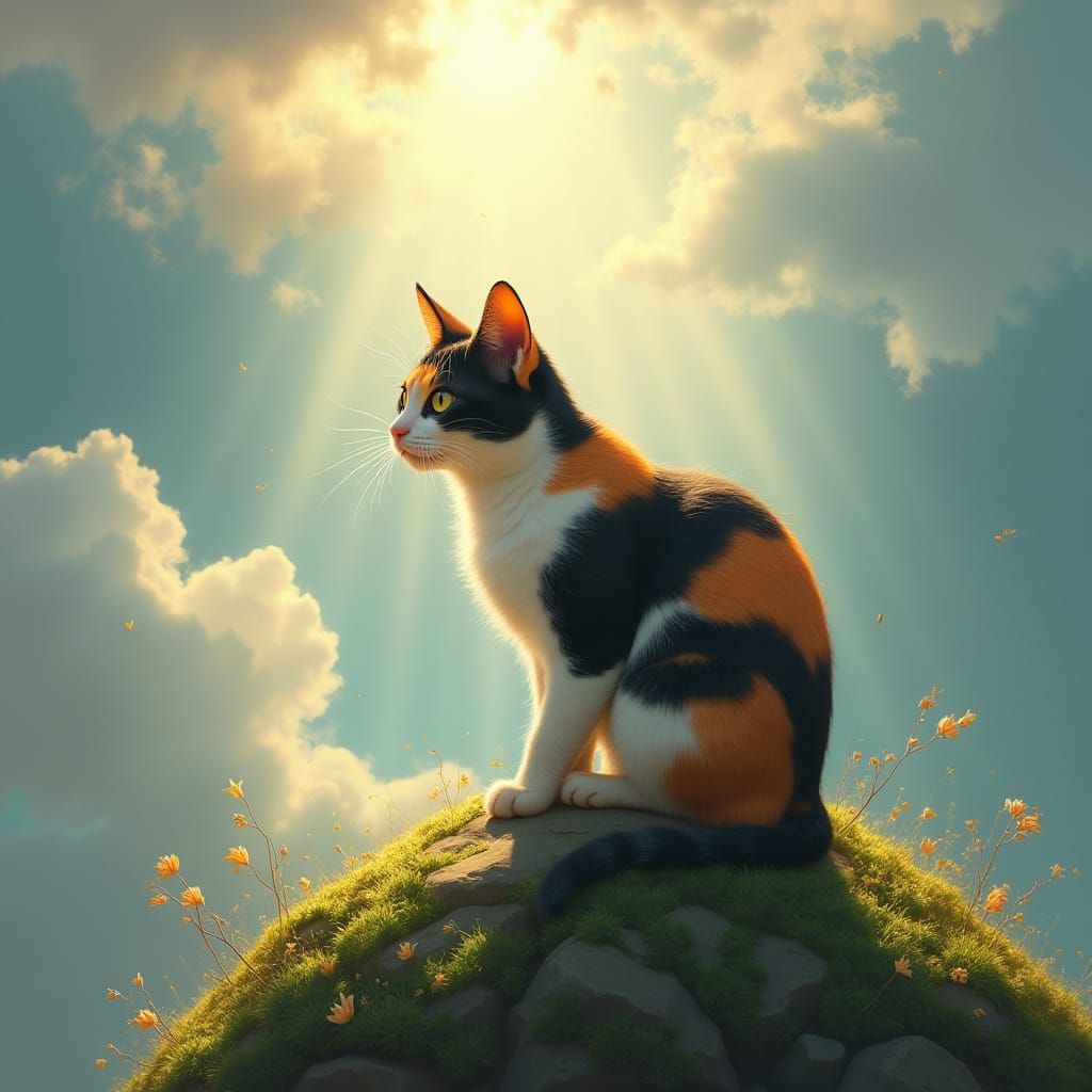 Calico Cat on Mossy Rock in Ethereal Sunlight