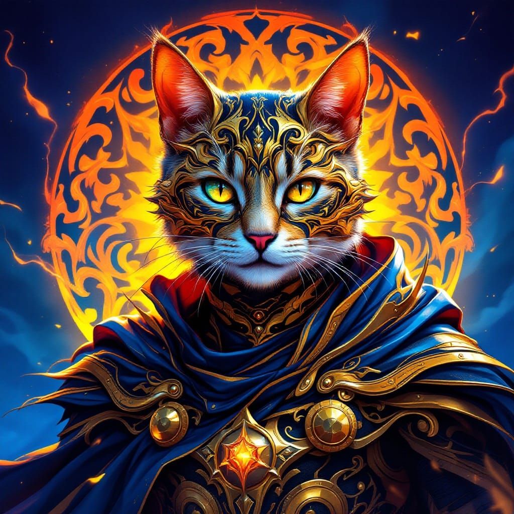 Regal Cat Superhero with Intricate Armor and Cape