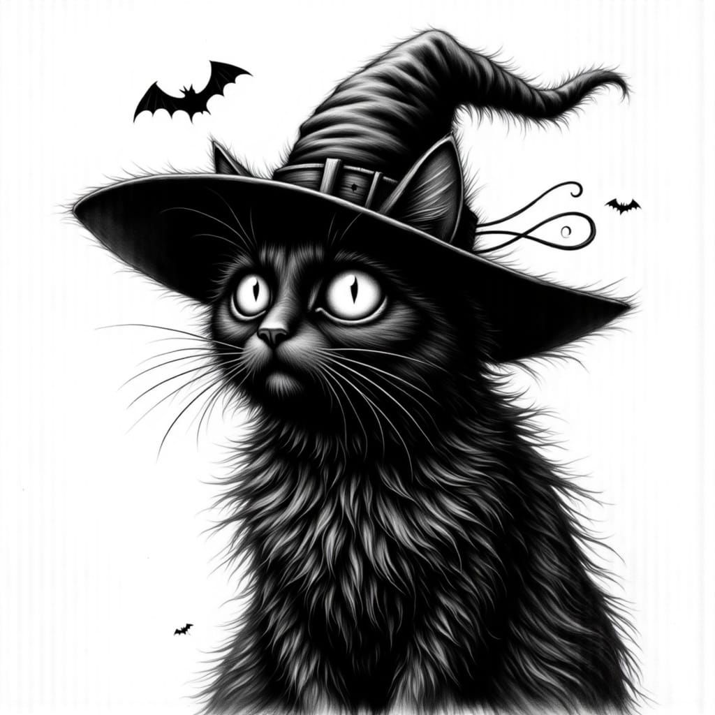 Black Cat in Witch Hat: Detailed Pencil Portrait