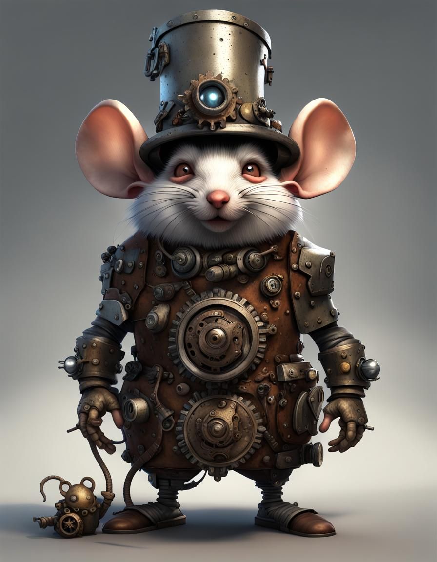 Mechanical Gnome with Mouse, Dark Fantasy Concept Art