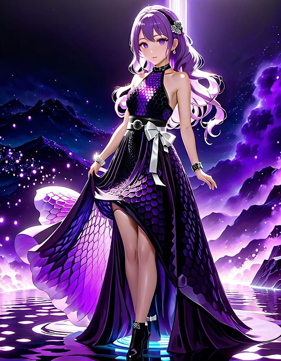 Glowing Purple Honeycomb Dress in 3D Anime Art