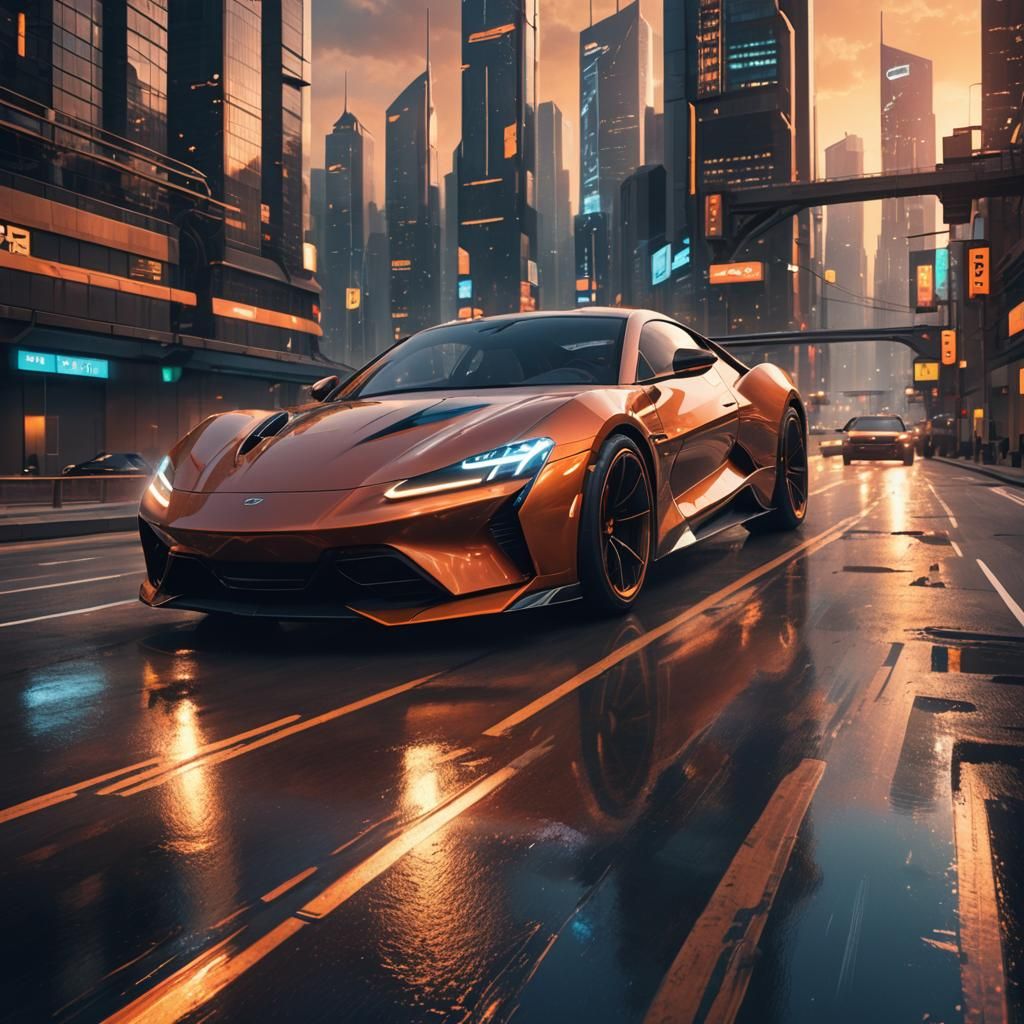 Sci-Fi Sports Car on Futuristic Highway