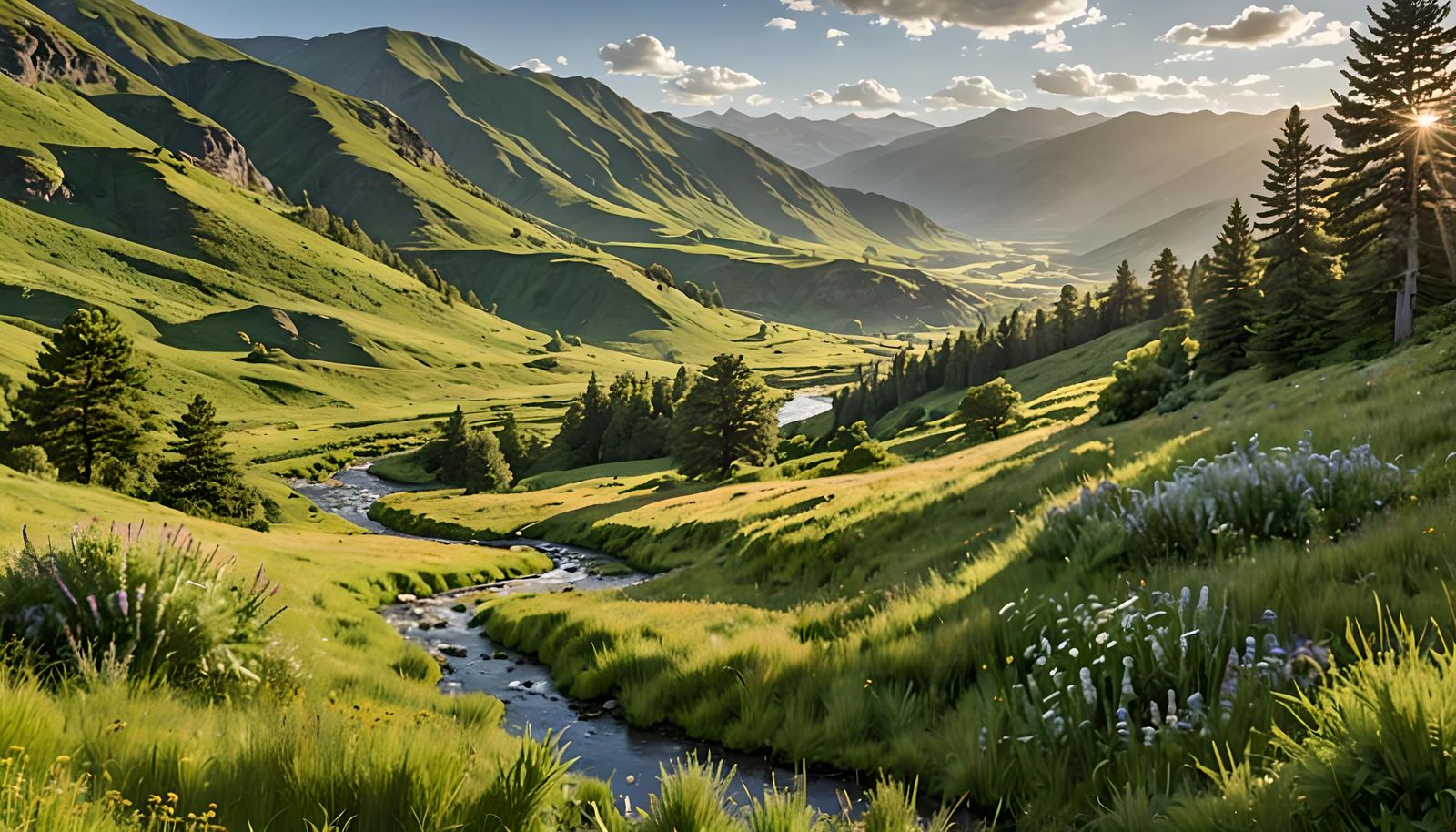 Lush Green Valley Bathed in Sunlight