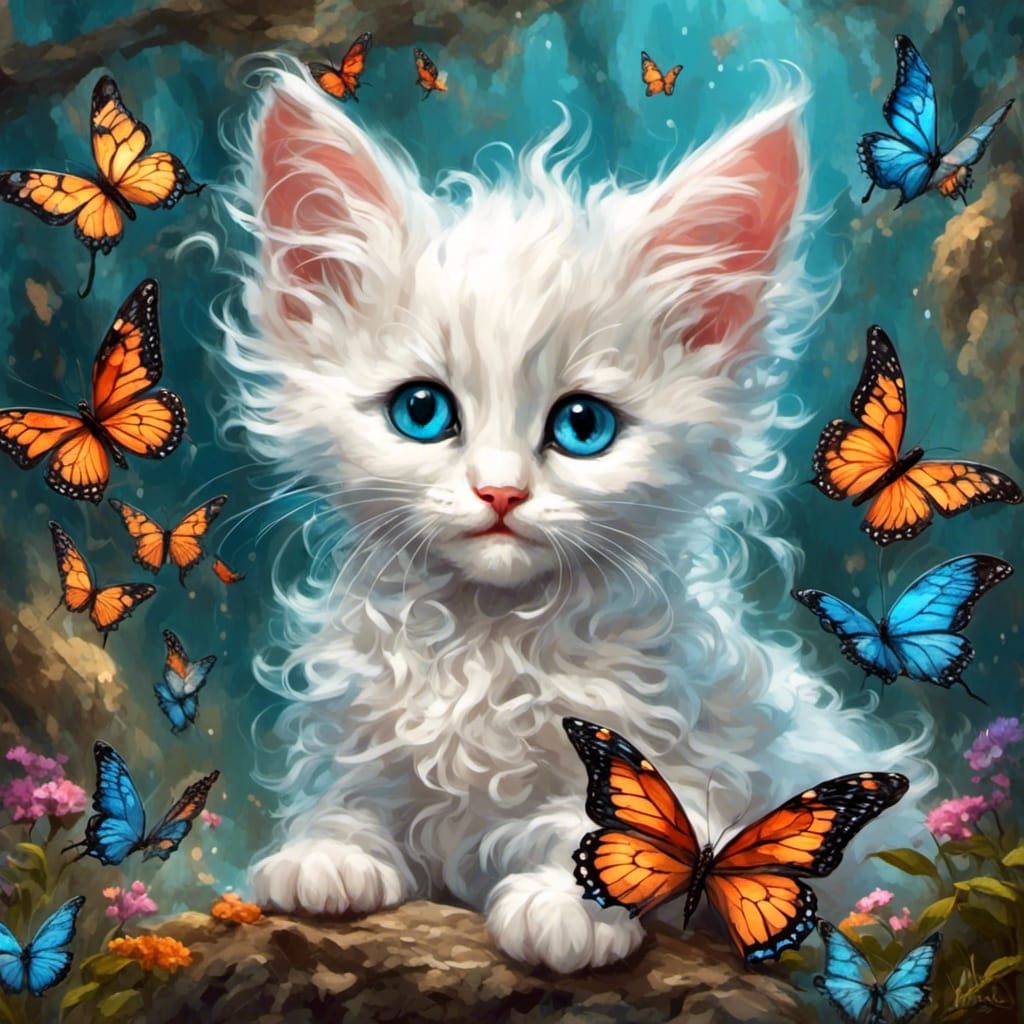 Kitten with Butterflies in Whimsical Style