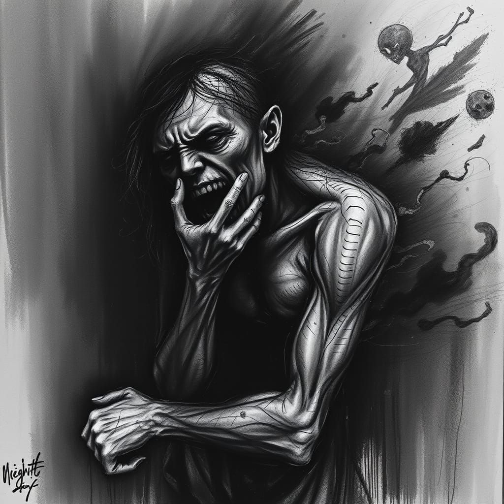 Charcoal Drawing of Psychological Torment and Resentment