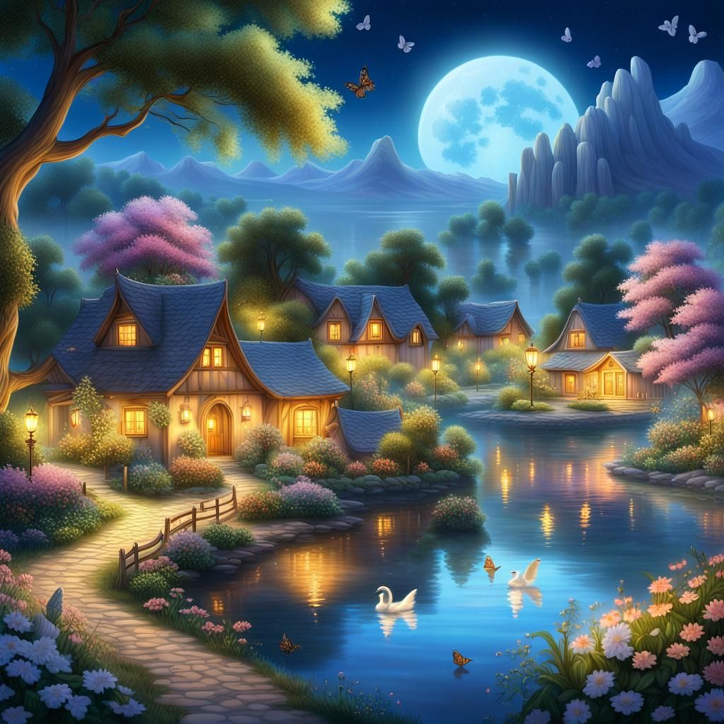 A serene utopian village nestled in a magical glowing world