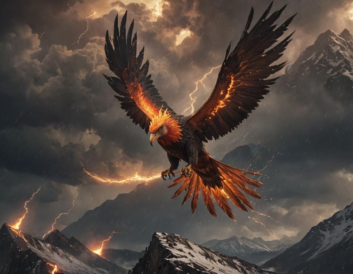 Phoenix Soaring Through Stormy Skies: Dark Fantasy Art