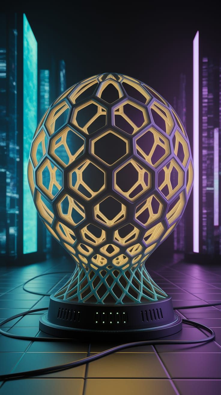Sleek Cyberpunk Lamp with Organic Curves and Geometric Patte...