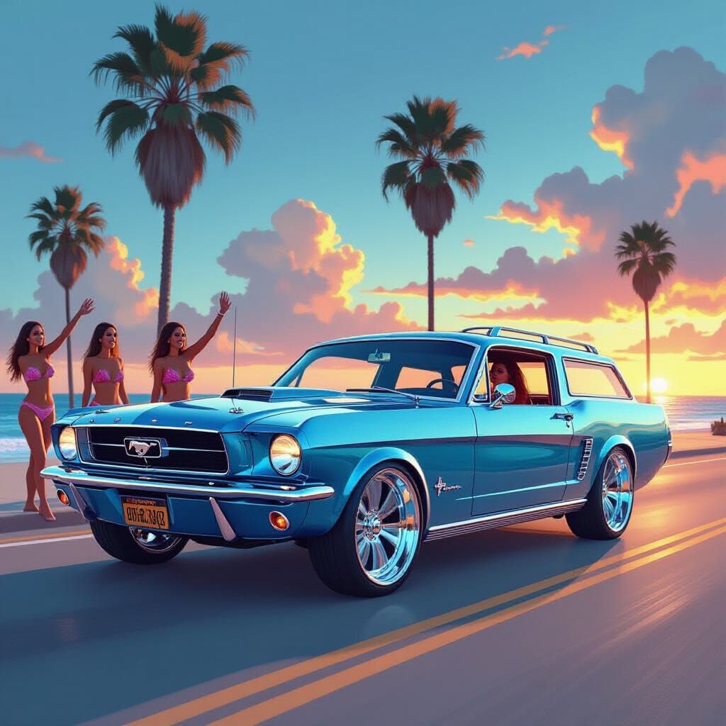 Retro-Futuristic Blue Mustang Wagon Lowrider on Beach Blvd