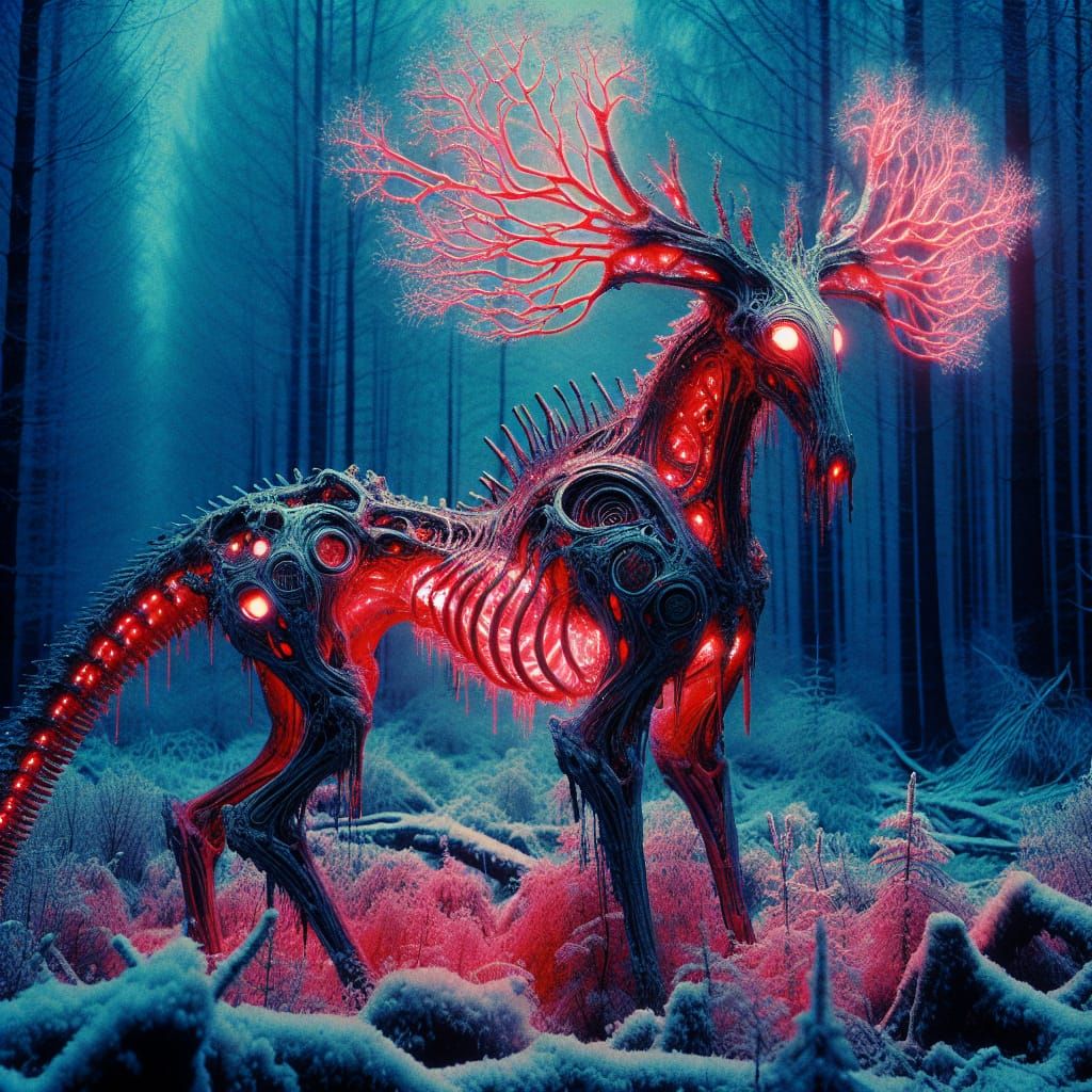 Surreal Winter Dream Horse-Elephant Hybrid with Glowing Bran...