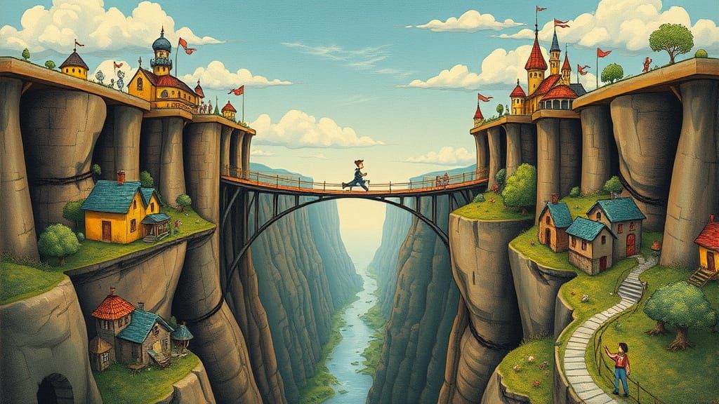 Whimsical Bridge Connecting Fantastical Cities Amidst a Maje...