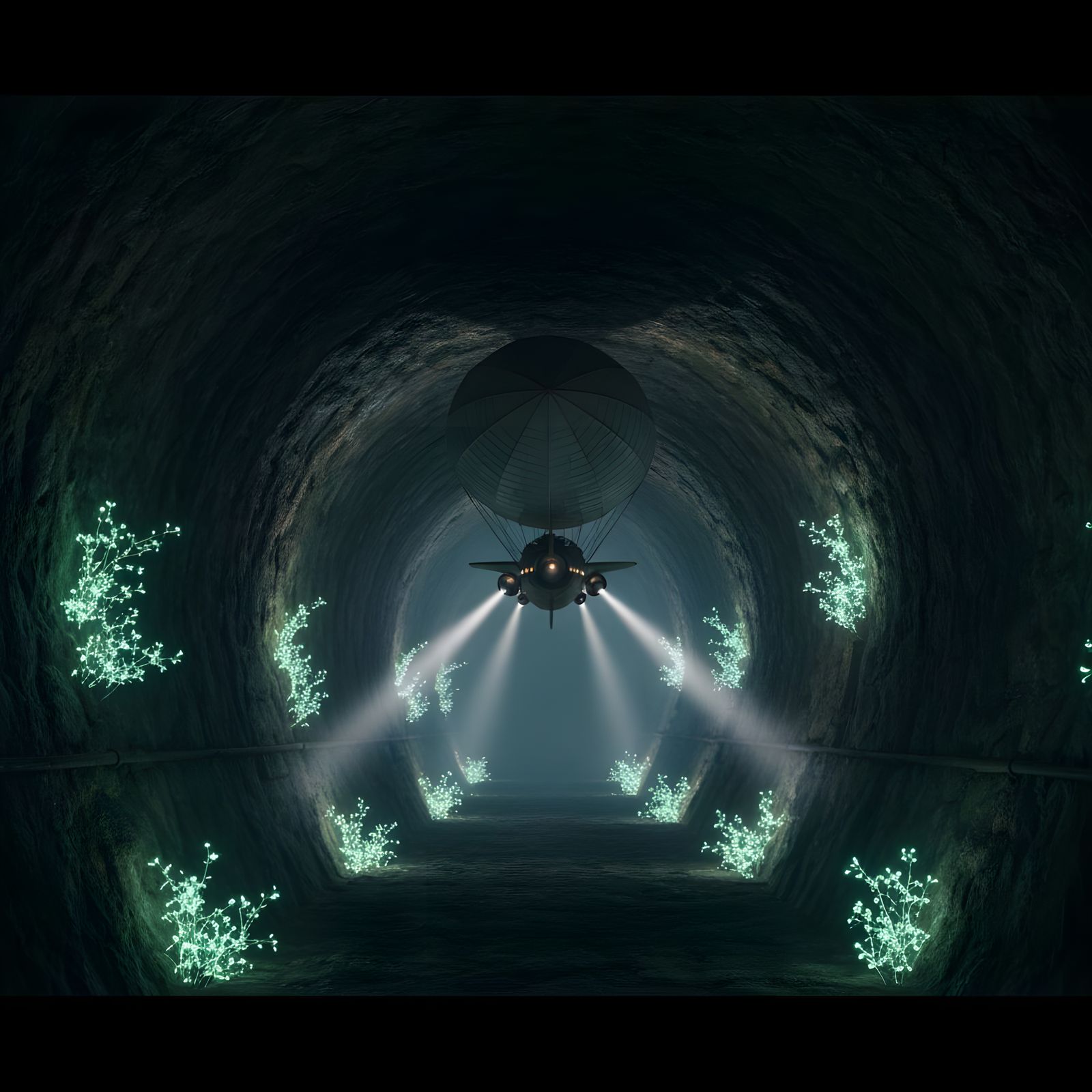 Epic Airship Soars Through Dramatic Underground Tunnel
