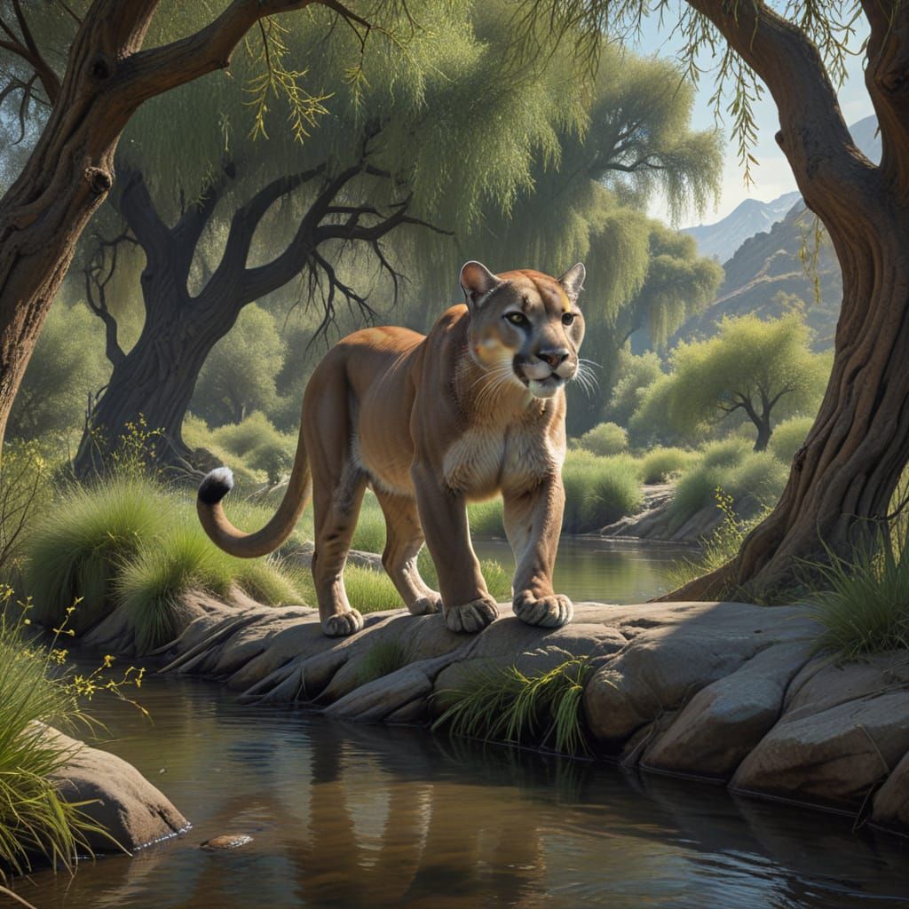 Surreal Mountain Lion Dominates Creek Landscape in Dark Art ...