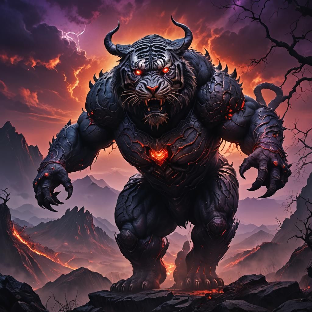 Mythical Tiger-Gorilla Hybrid in Dark Fantasy Landscape