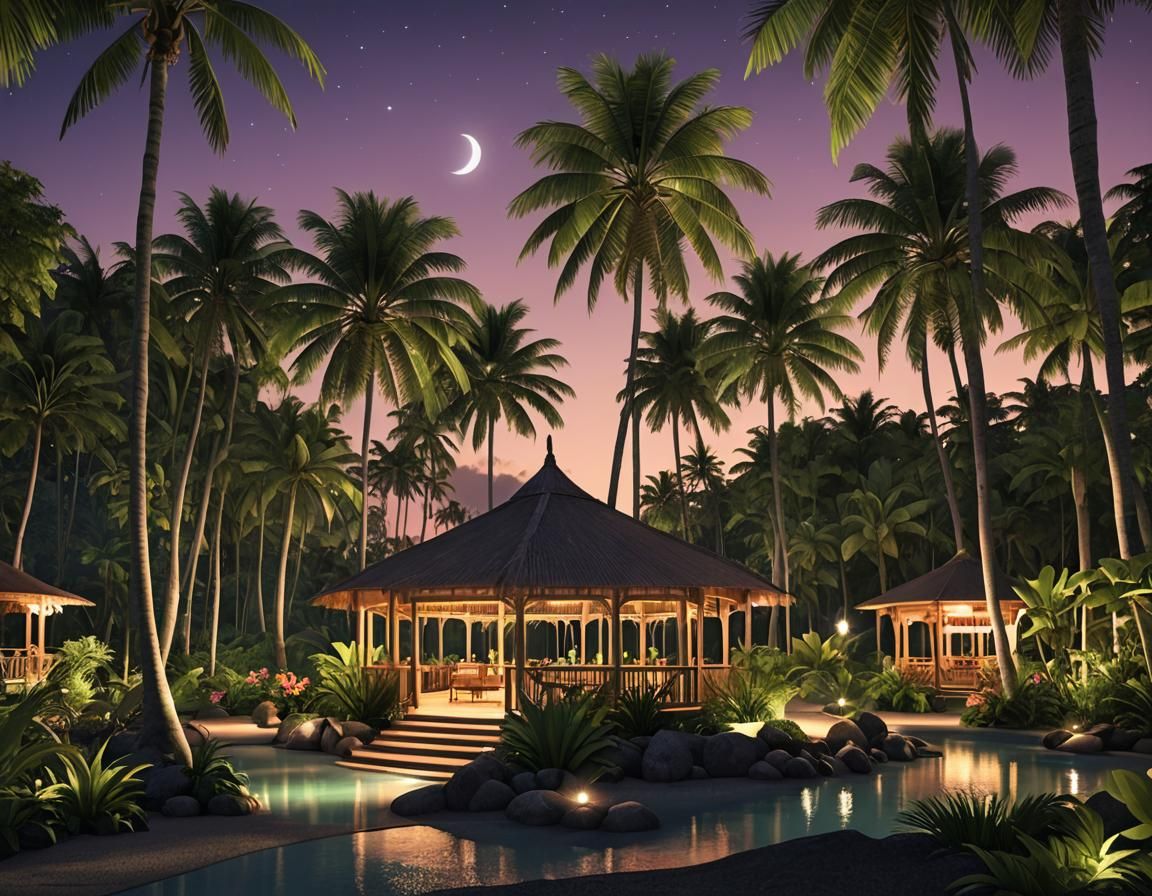 Tropical Night Pavilion in 3D Animation Style