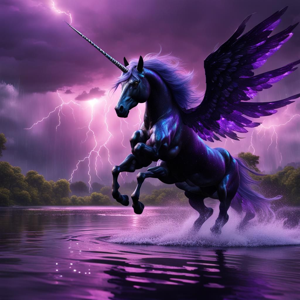 Iridescent Unicorn in Storm, Fantasy Concept Art