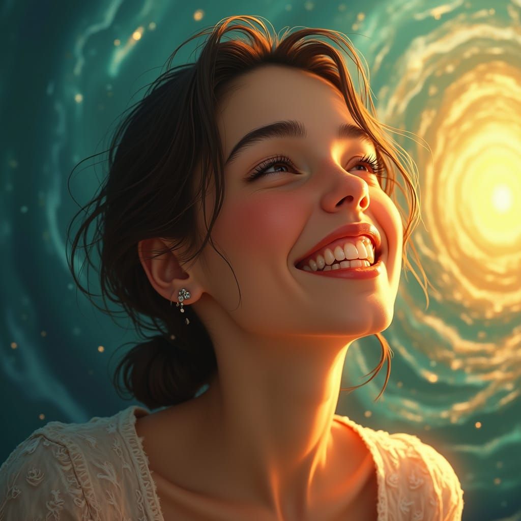 Radiant Woman in Vibrant Whirlwind of Joy