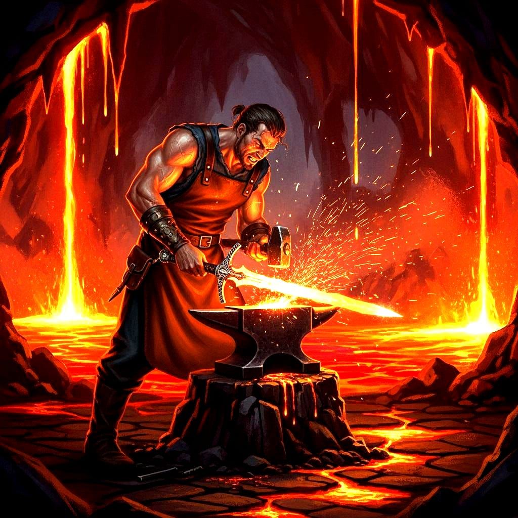 Blacksmith Forging Sword in Volcanic Forge
