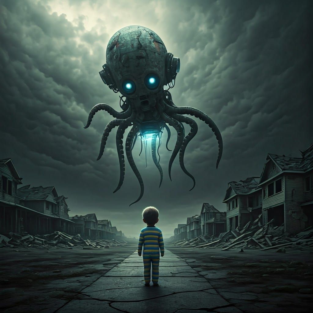 A Haunting Octopus Robot Kneels Over a Vulnerable Child in a...