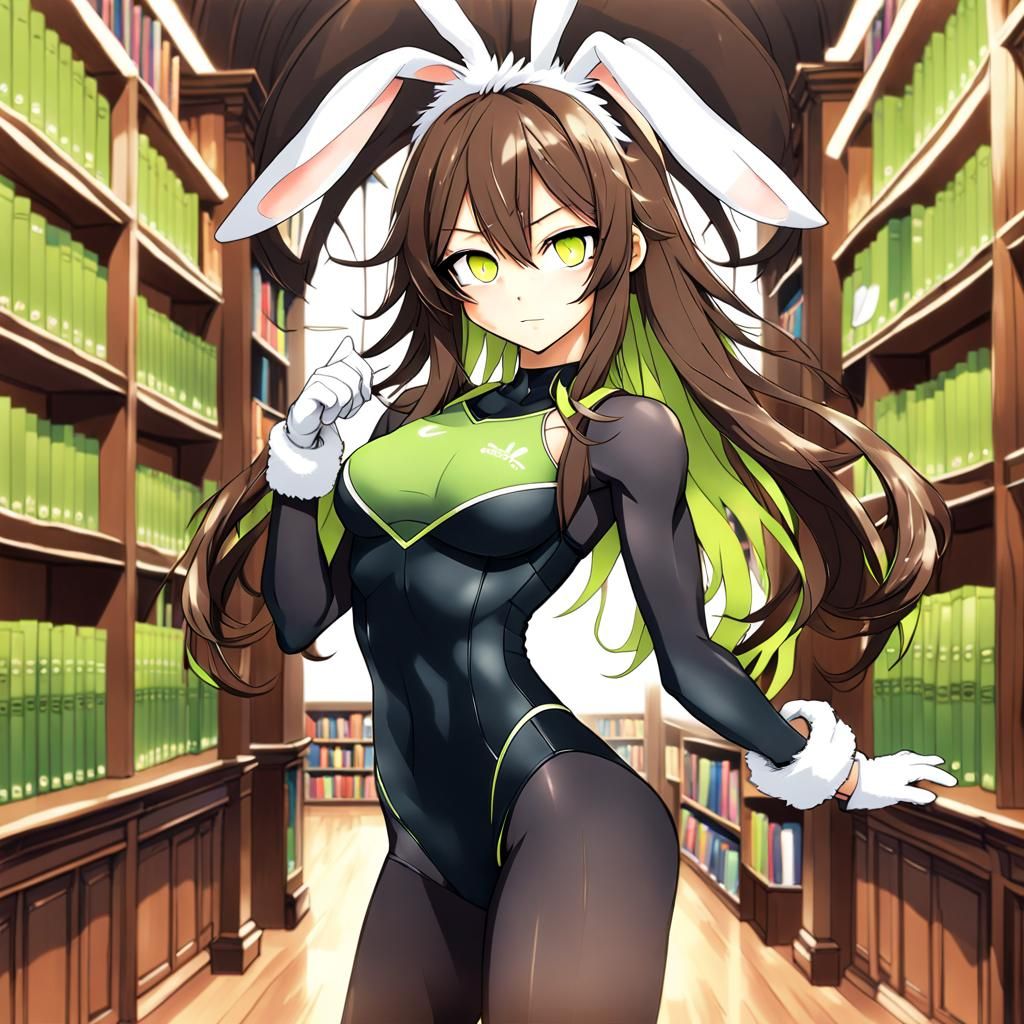 Anime Girl with Bunny Ears in Library