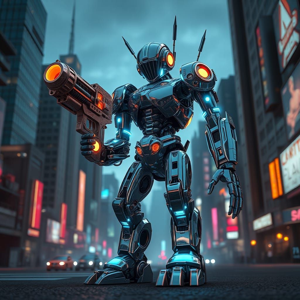 Mecha Robot Wielding Love Gun in Dystopian Cityscape