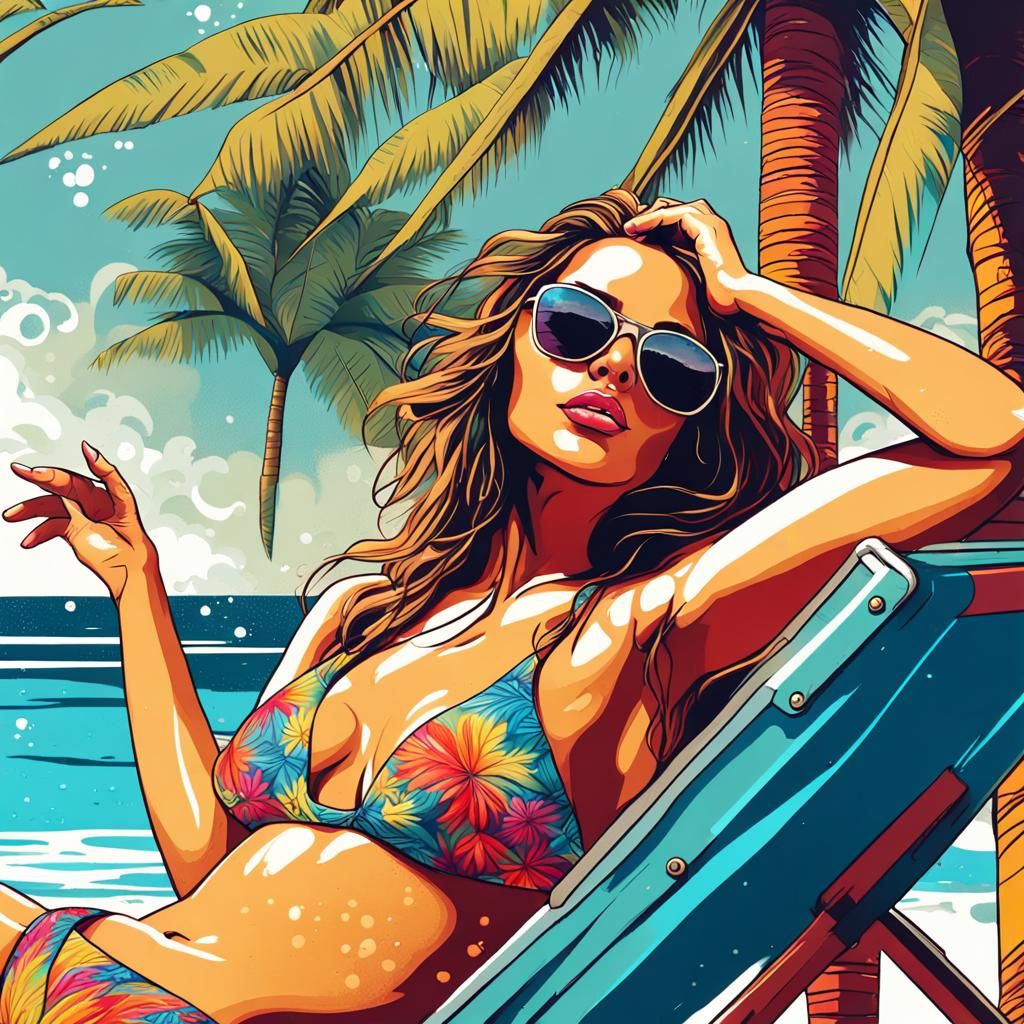 Tropical Beach Scene with Woman, Graffiti Art