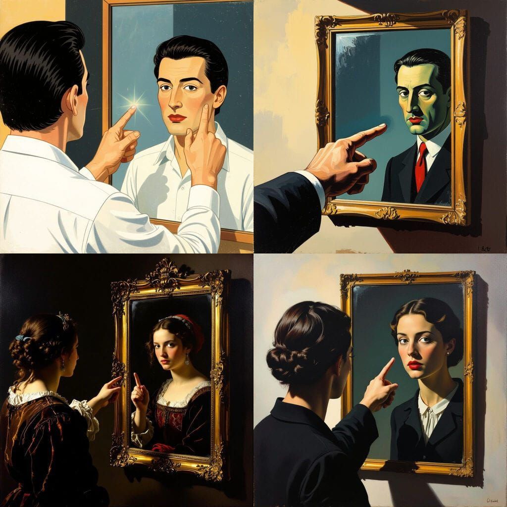 Person Points Finger, Reflection Mirrors Act