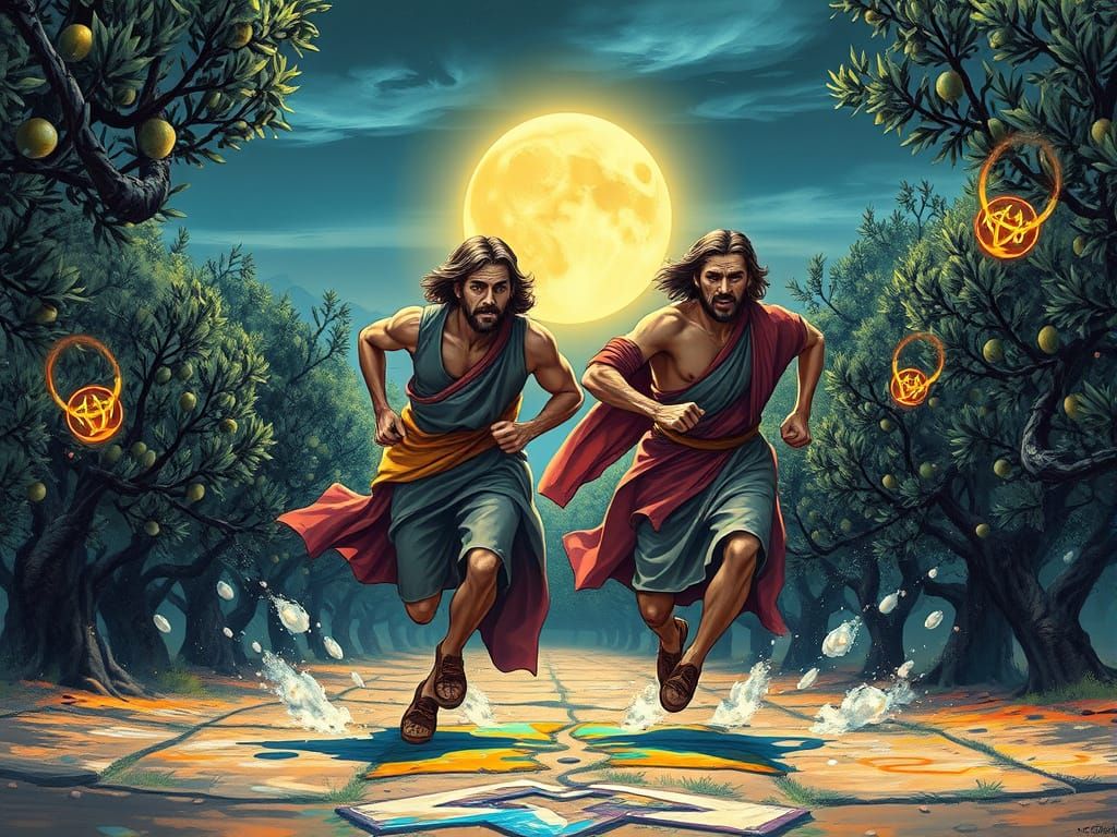 Twin Runners Guided by Hermes in Dreamlike Setting