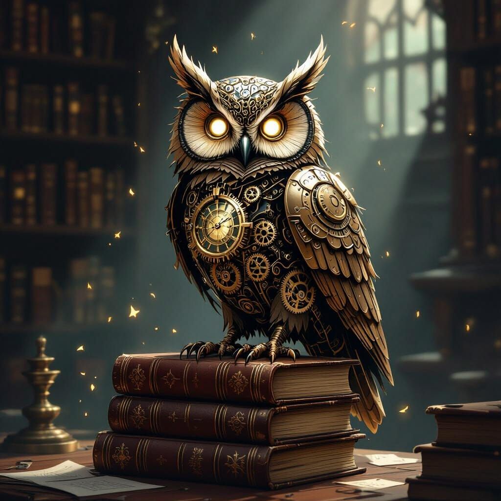 Intricate Clockwork Owl Guards Ancient Books