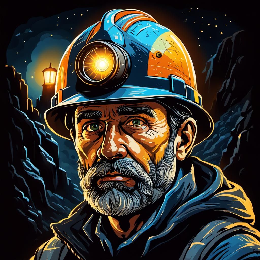 Miner Portrait in Palekh Style with Golden Outlines