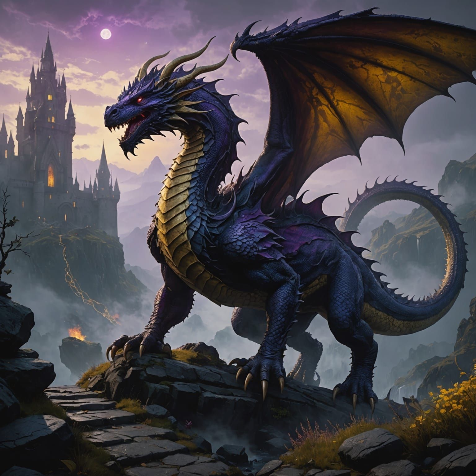 Dark Dragon's Perilous Journey: Fantasy Art