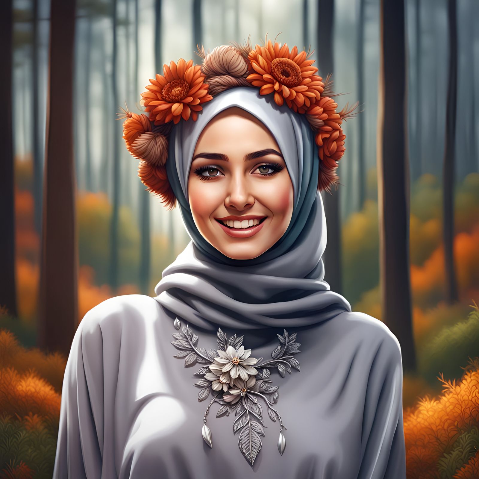 Beautiful Hijabi Girl in Summer Forest, Digital Art