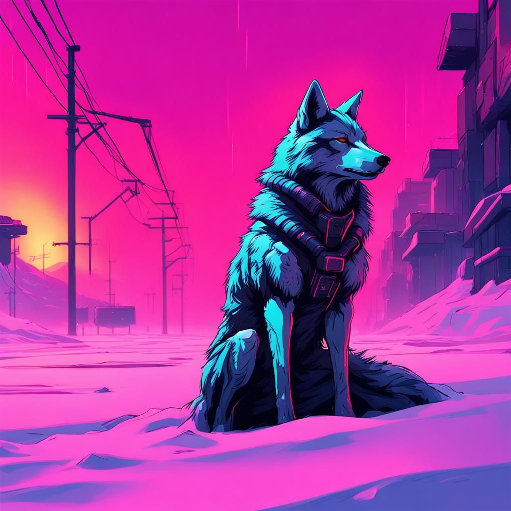 Wolf in Cyberpunk Neon Snowscape