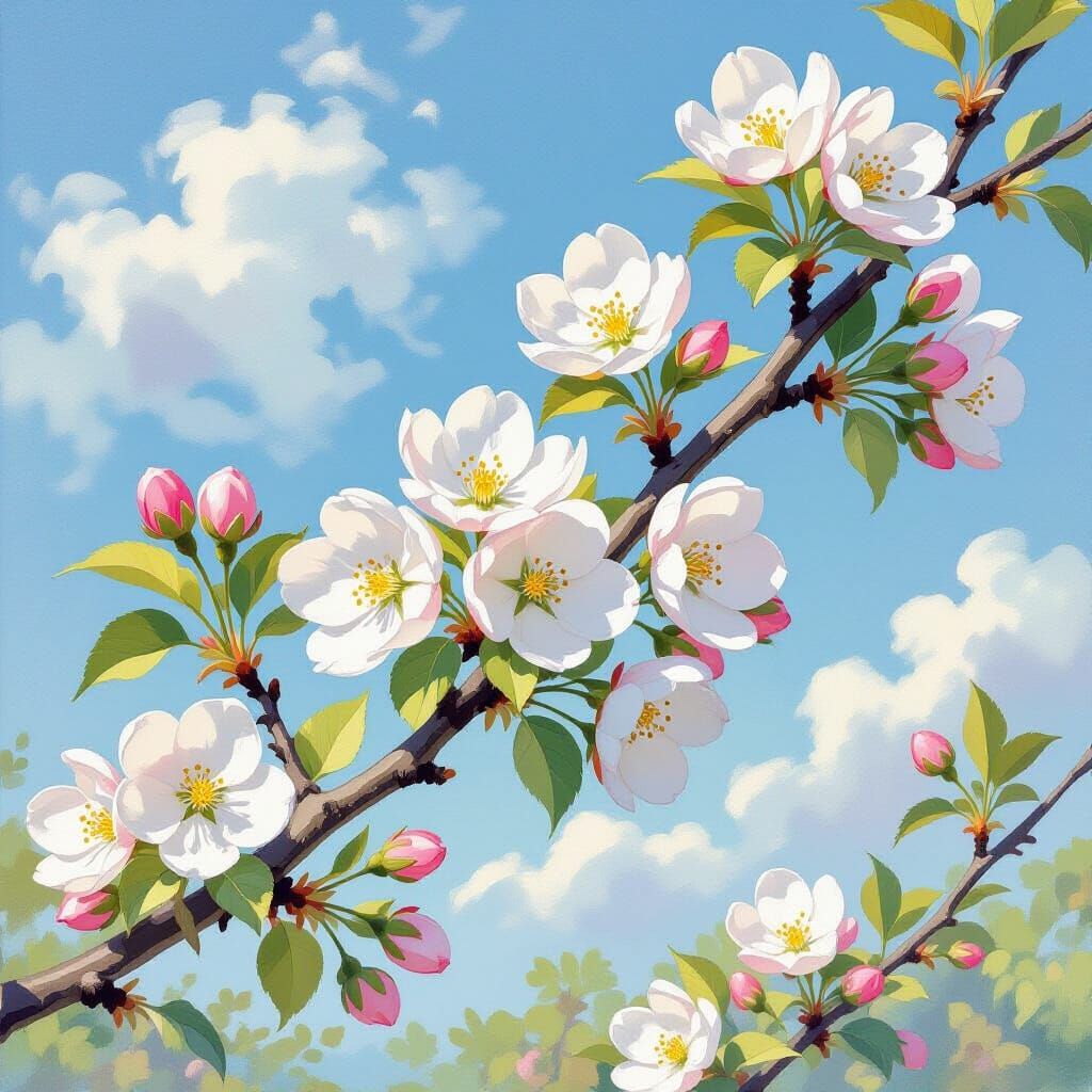 Apple Blossoms in Impressionist Style Against Blue Sky